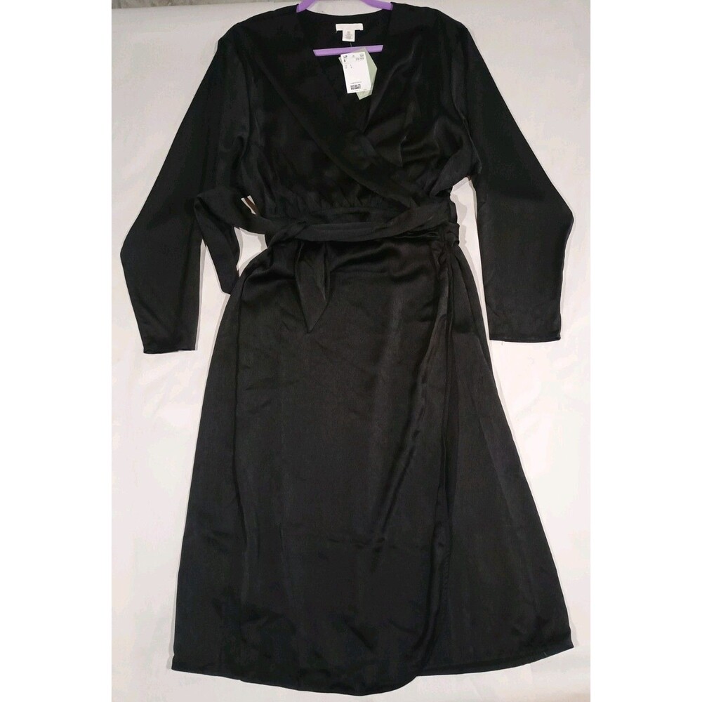 H&M Black Satin Wrap Dress NWT Size L V-Neck Long Sleeve Midi Cocktail Silk Look